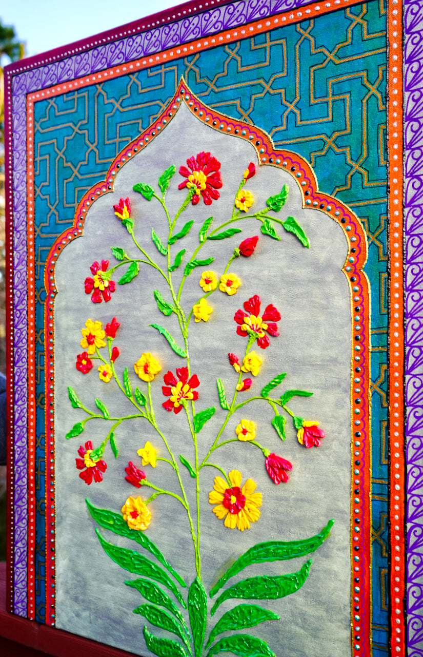 Mughal Bloom - red, yellow flowers in Mughal inspired arches and islamic geometric motifs - textured floral painting by Bala Thiagarajan, hand-piped acrylic on canvas with iridescent sculptural texture