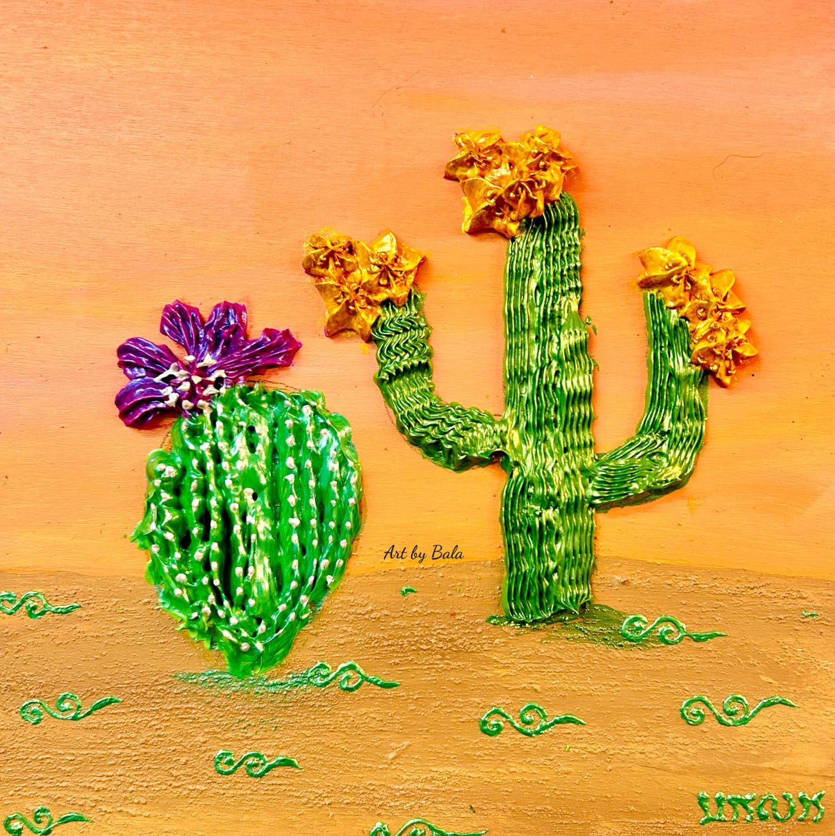 green canctus with pink and yellow flowers on golden background textured floral painting by Bala Thiagarajan, hand-piped acrylic on wood panel with iridescent sculptural texture