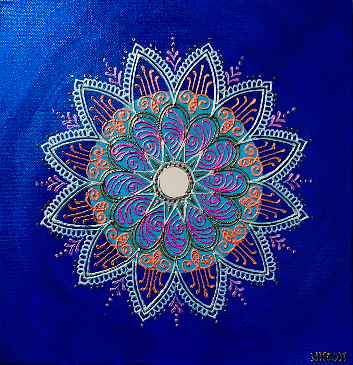 24x24 original Celebration Mandala No. 41 3D textured painting by Bala Thiagarajan, featuring iridescent colorful hand-piped dots and henna-inspired floral geometry on blue canvas.