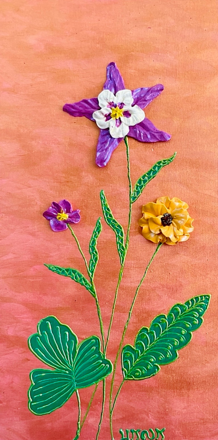 Columbine & purple and yellow flowers on orange background textured floral painting by Bala Thiagarajan, hand-piped iridescent acrylic on wood panel with sculptural 3D detail