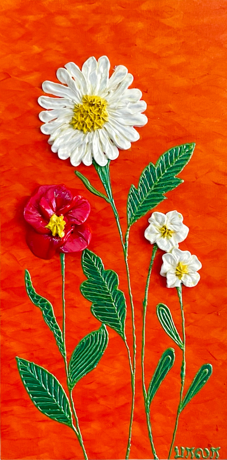 Daisies white, red flowers on orange background textured floral painting by Bala Thiagarajan, hand-piped acrylic on wood panel with iridescent sculptural texture