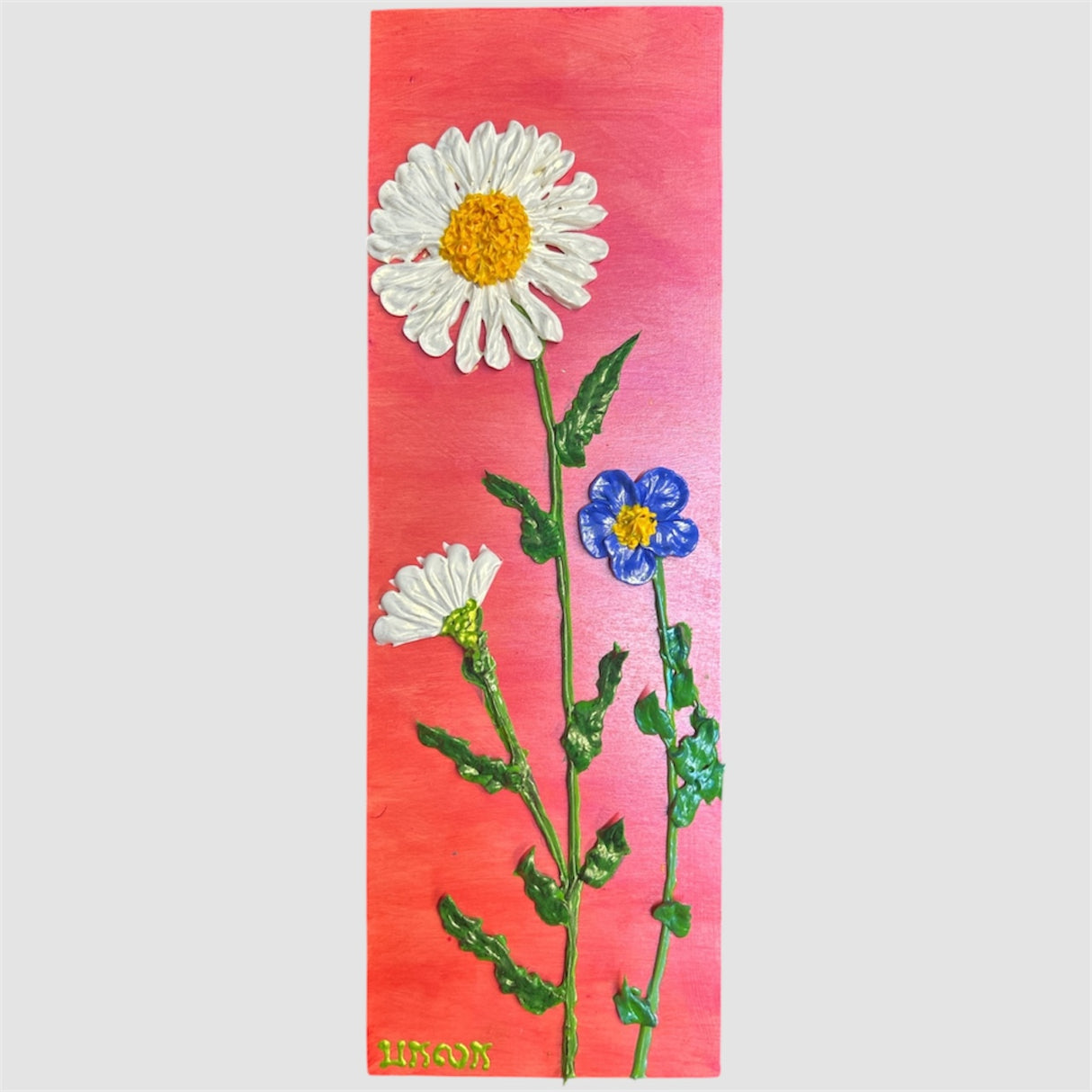 white daisies and blue flowers on pink background textured floral painting by Bala Thiagarajan, hand-piped iridescent acrylic on wood panel with sculptural 3D detail