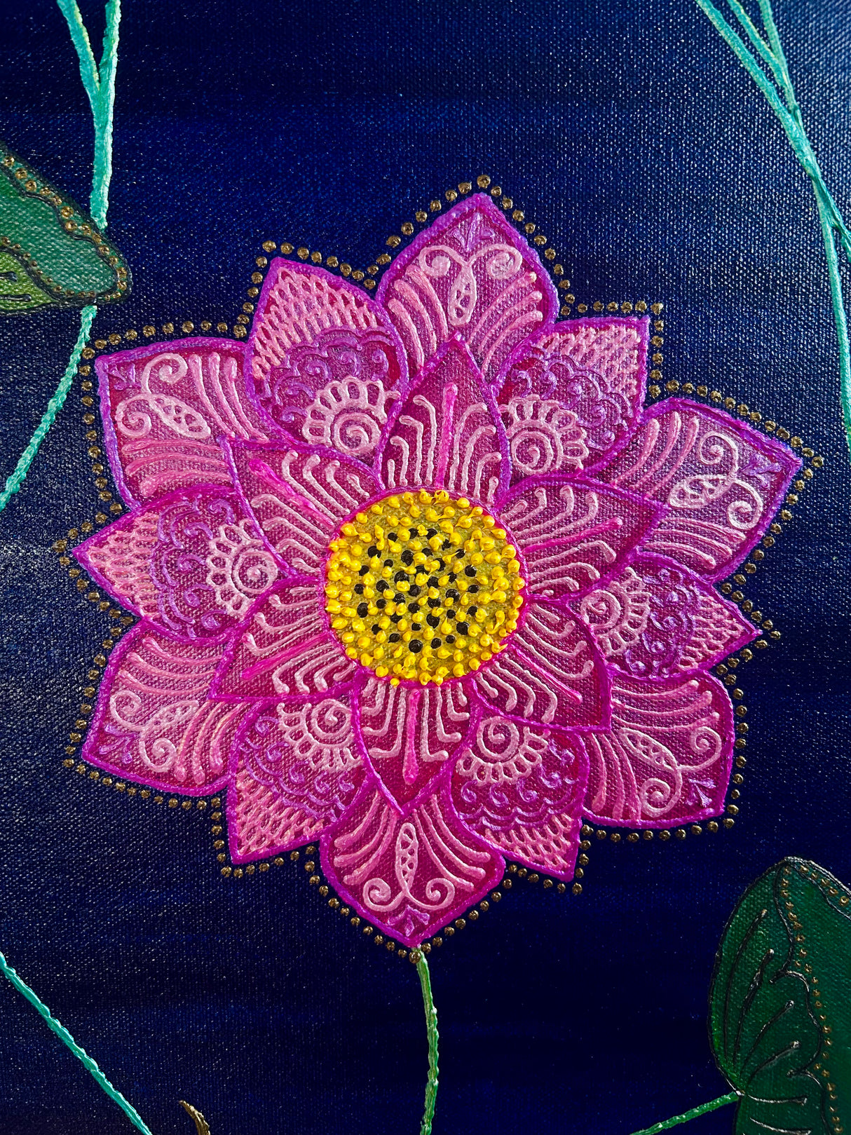 Original 3D textured Lotus painting by Bala Thiagarajan, sculptural pink and yellow aquatic floral art on dark blue background with hand-piped iridescent petals and heavy-body acrylic texture on canvas close up