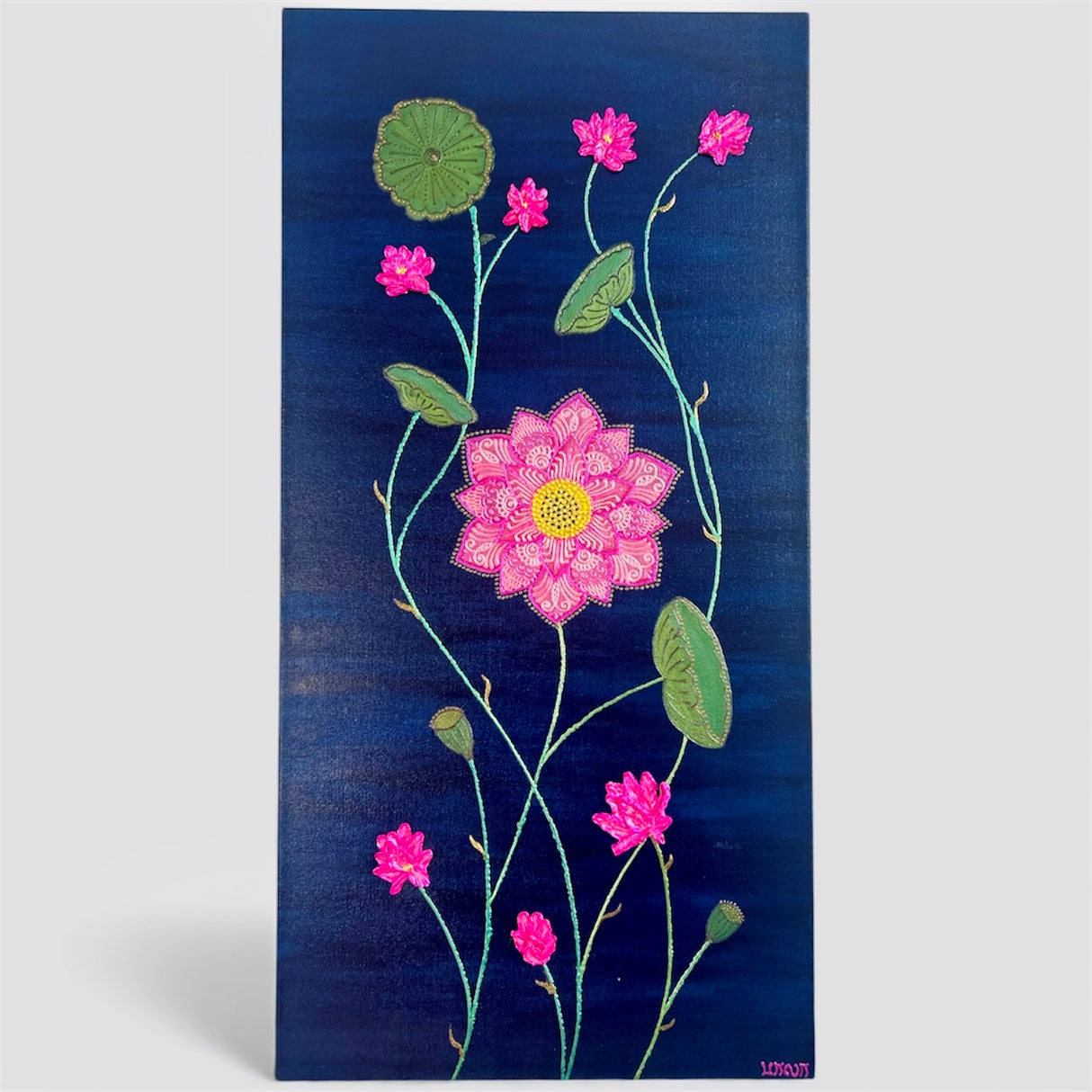 Original 3D textured Lotus painting by Bala Thiagarajan, sculptural pink and yellow aquatic floral art on dark blue background with hand-piped iridescent petals and heavy-body acrylic texture on canvas.