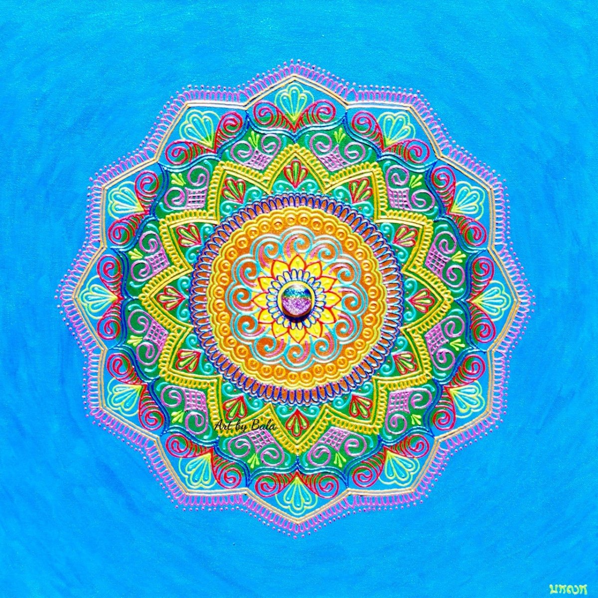 24x24 original Reverence Mandala 3D textured painting by Bala Thiagarajan, featuring gold and blue hand-piped henna-style patterns and a dichroic glass center.