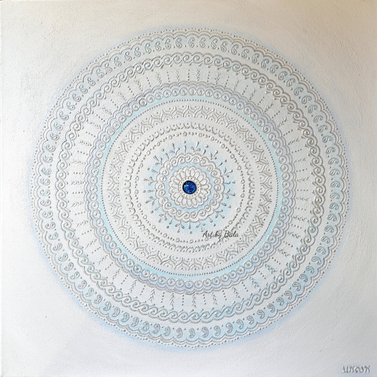 24x24 original Serene Waves 3D textured mandala painting by Bala Thiagarajan, featuring blue and white hand-piped henna-style patterns and a dichroic glass center.