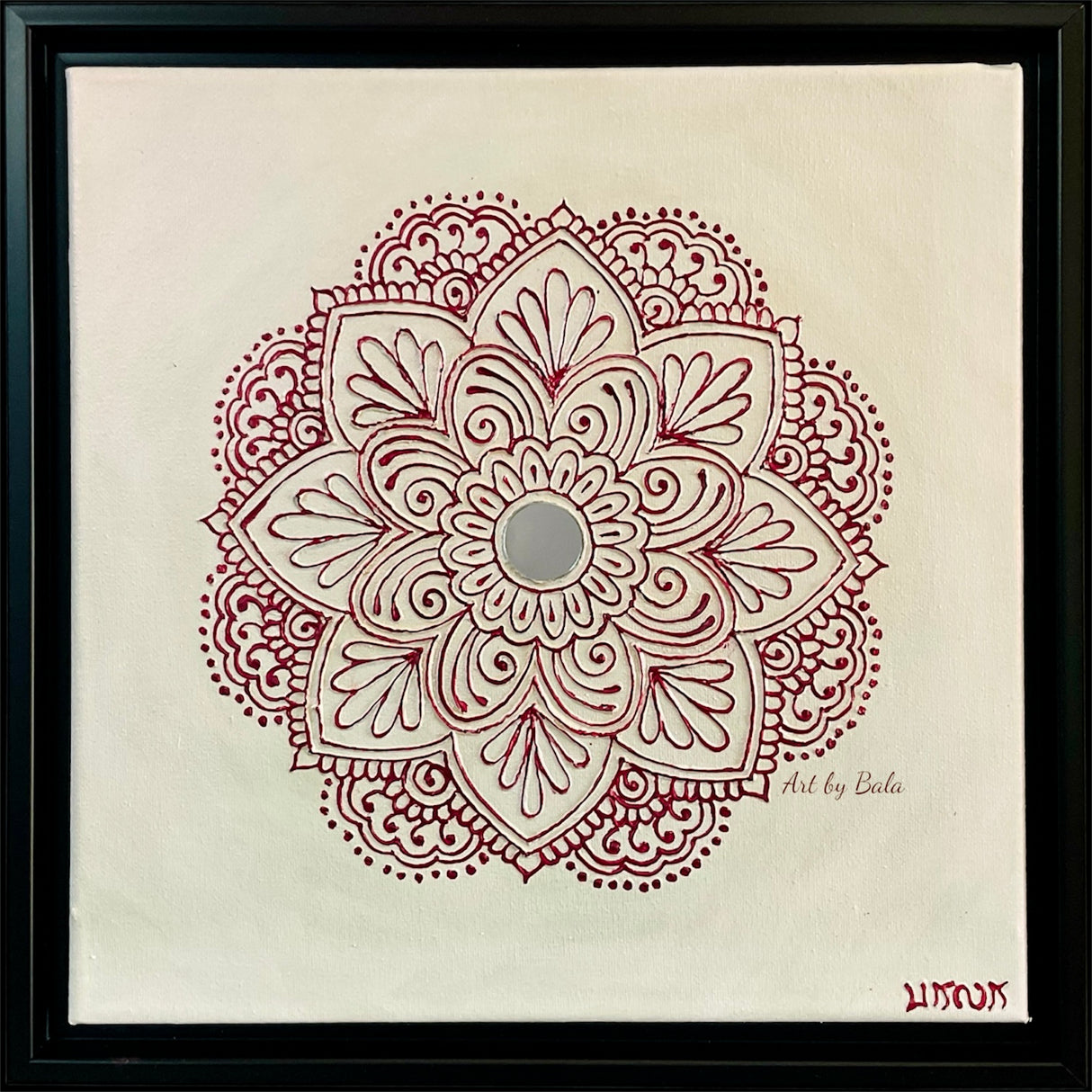 12x12 original Serenity Red mandala painting by Bala Thiagarajan, featuring vibrant 3D hand-piped red iridescent dots and a central mirror.
