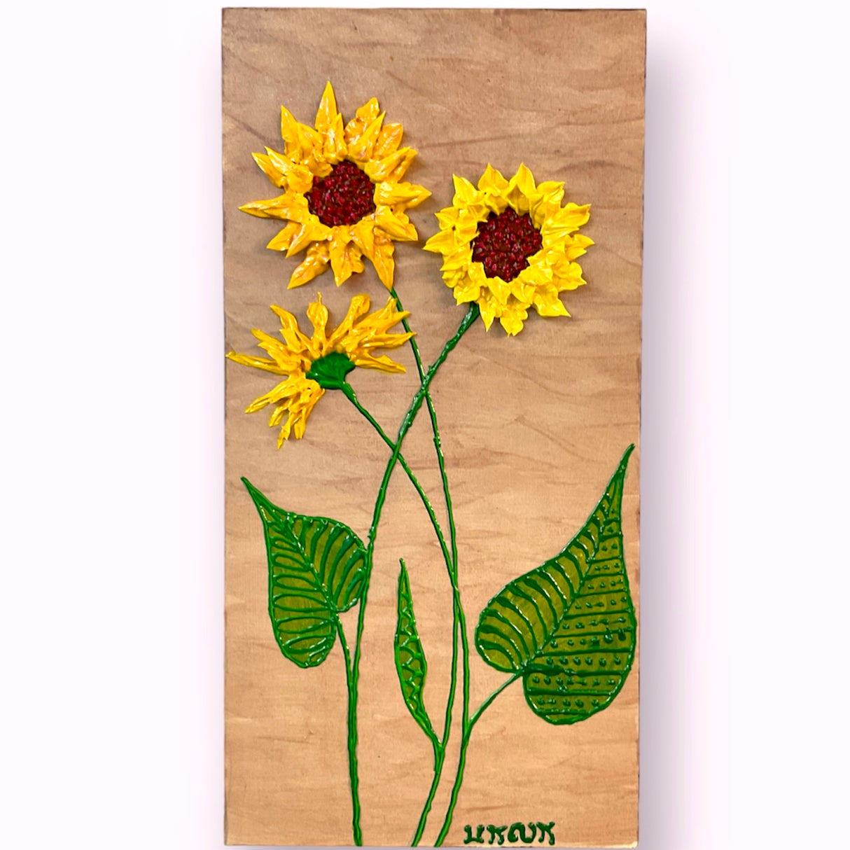 yellow sunflowers with green leaves on brown background textured floral painting by Bala Thiagarajan, hand-piped acrylic on wood panel with iridescent sculptural detail