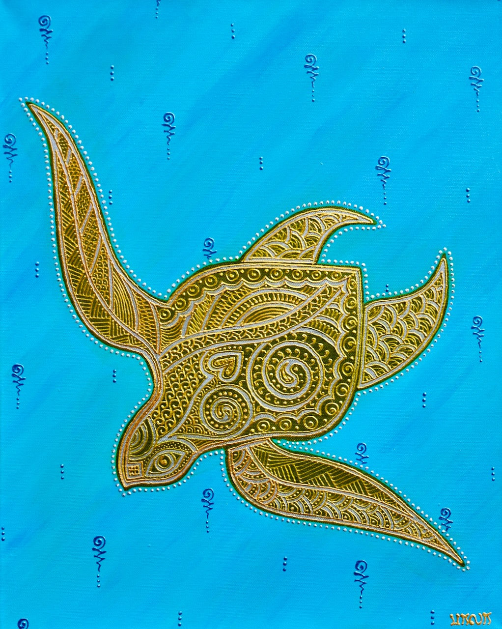 Crush the Turtle original 16x20 3D textured sea turtle painting by Bala Thiagarajan, sculptural emerald green and iridescent turquoise sea turtle with hand-piped henna-inspired shell patterns on a deep blue ocean background