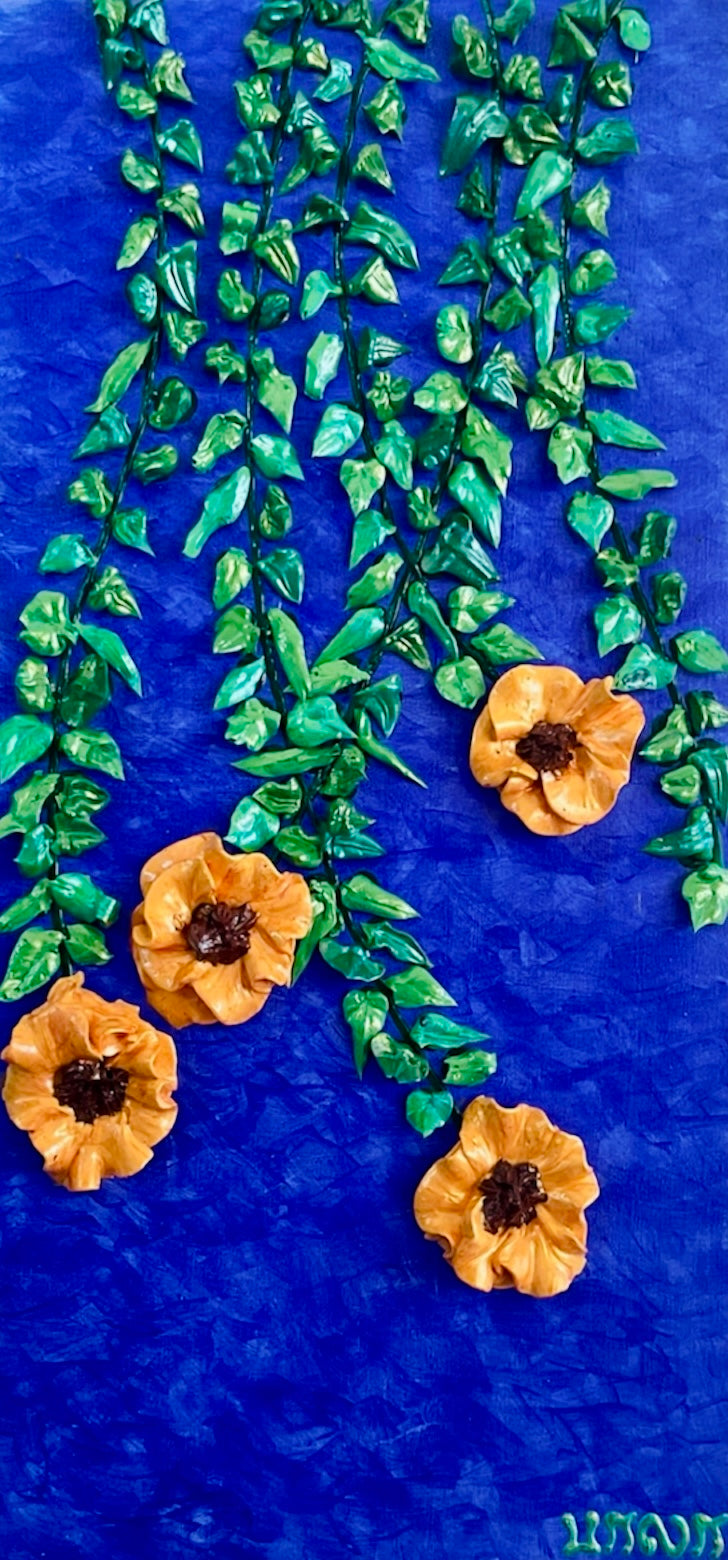 yellow flowers with green vines on blue background textured floral painting by Bala Thiagarajan, hand-piped iridescent acrylic on wood panel with sculptural 3D detail