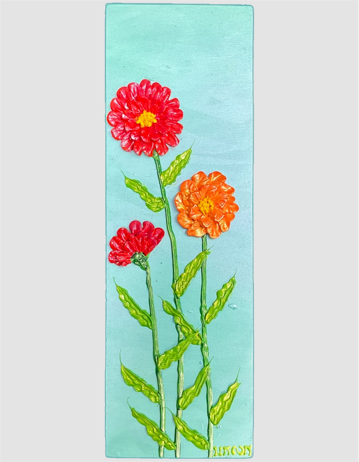 red and orange zinnias on turquoise background textured floral painting by Bala Thiagarajan, hand-piped iridescent acrylic on wood panel with sculptural 3D detail
