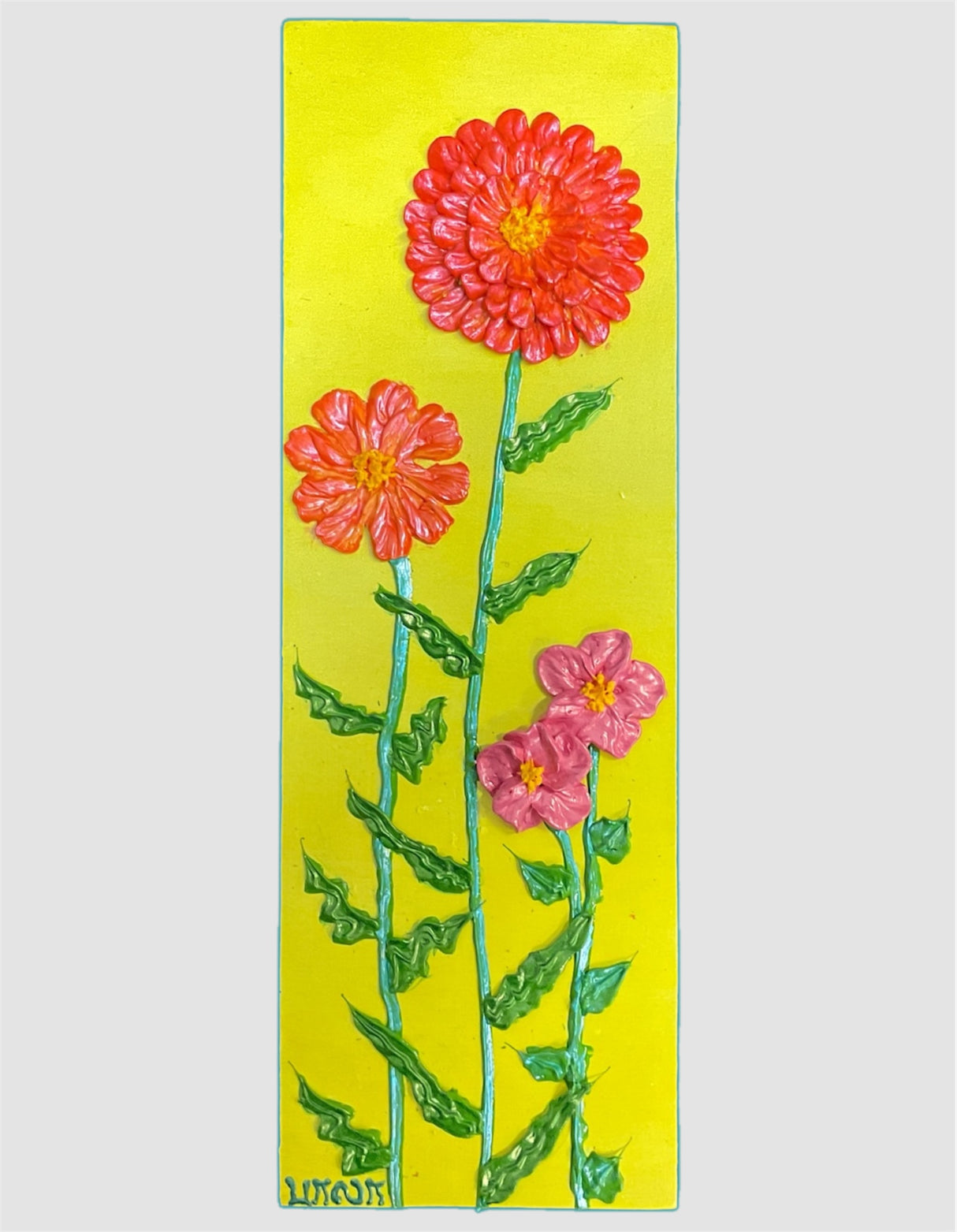 orange zinnias, pink flowers on yellow green background textured floral painting by Bala Thiagarajan, hand-piped iridescent acrylic on wood panel with sculptural 3D detail
