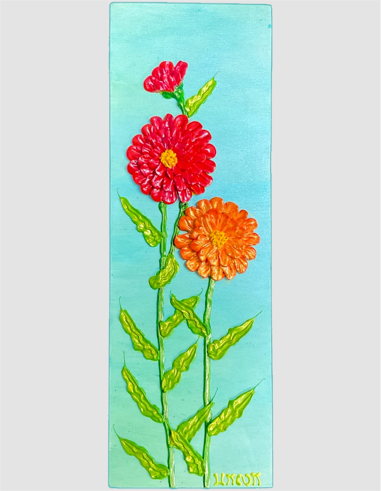 red, orange zinnias on turquoise background textured floral painting by Bala Thiagarajan, hand-piped iridescent acrylic on wood panel with sculptural 3D detail