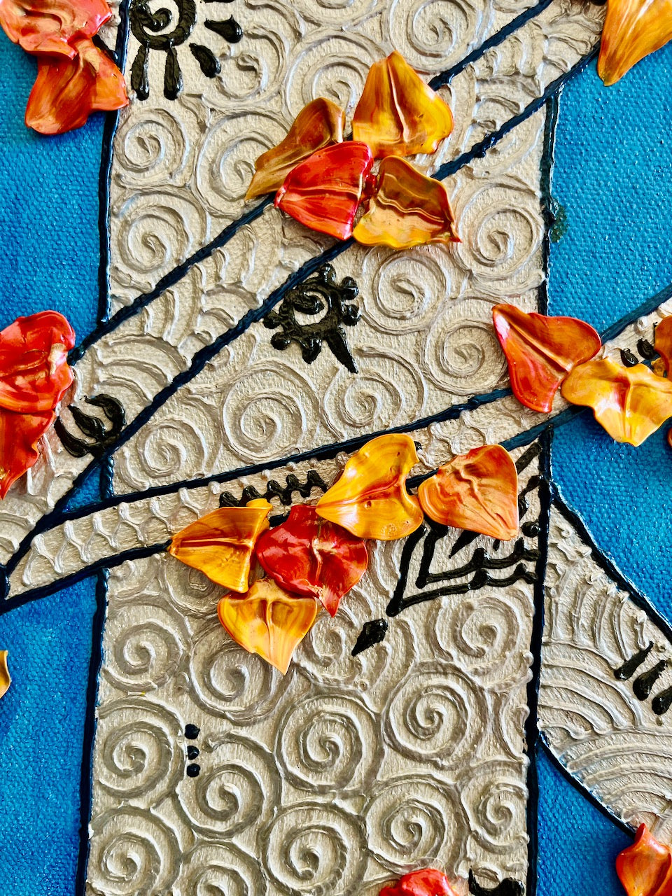 Afternoon Aspens original 20x24 3D textured landscape by Bala Thiagarajan, sculptural white aspen trees with iridescent gold leaves on a bright blue sky background, featuring hand-piped henna-style trunk details and heavy-body acrylic texture henna detail