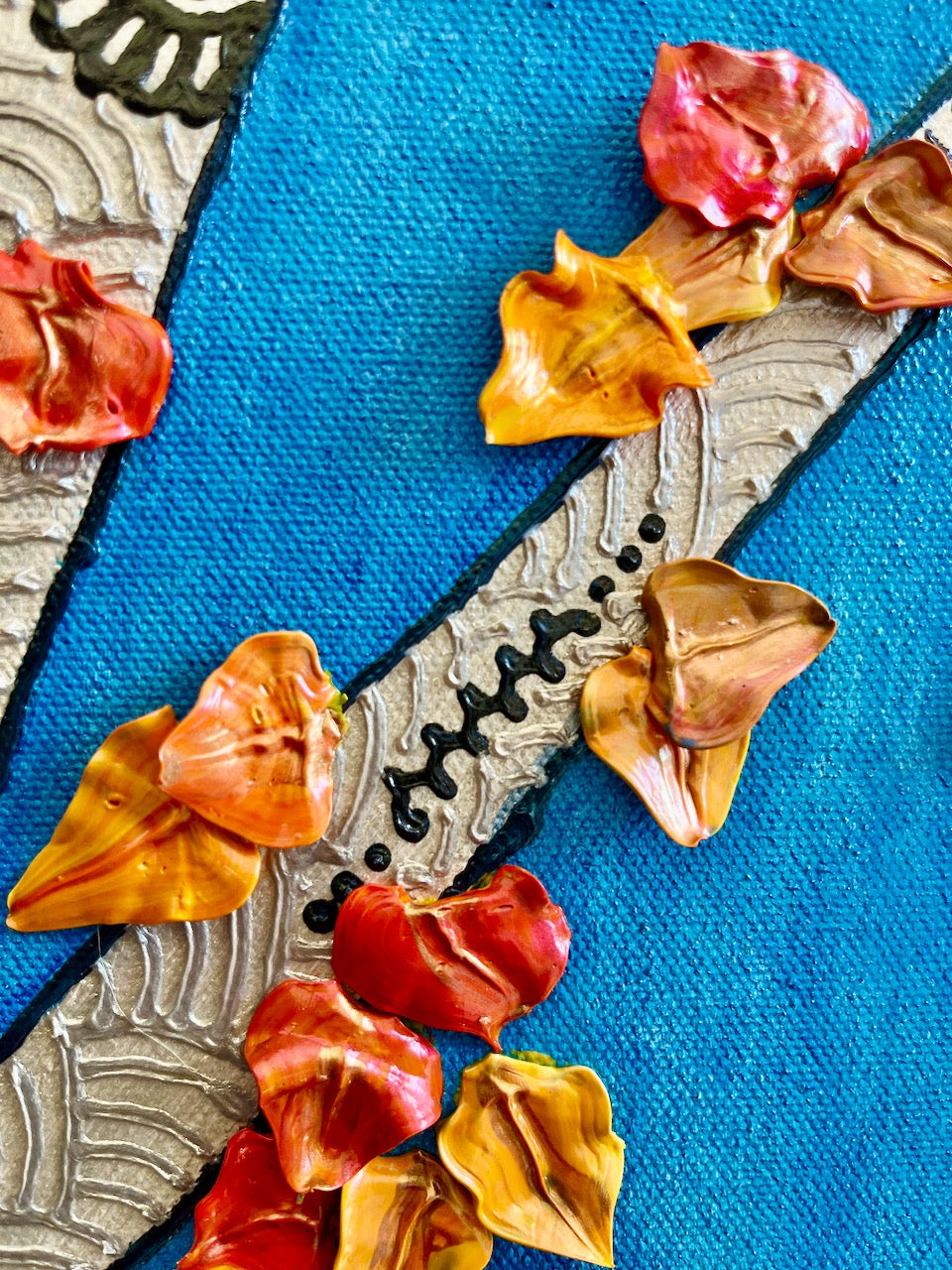 Afternoon Aspens original 20x24 3D textured landscape by Bala Thiagarajan, sculptural white aspen trees with iridescent gold leaves on a bright blue sky background, featuring hand-piped henna-style trunk details and heavy-body acrylic texture close up