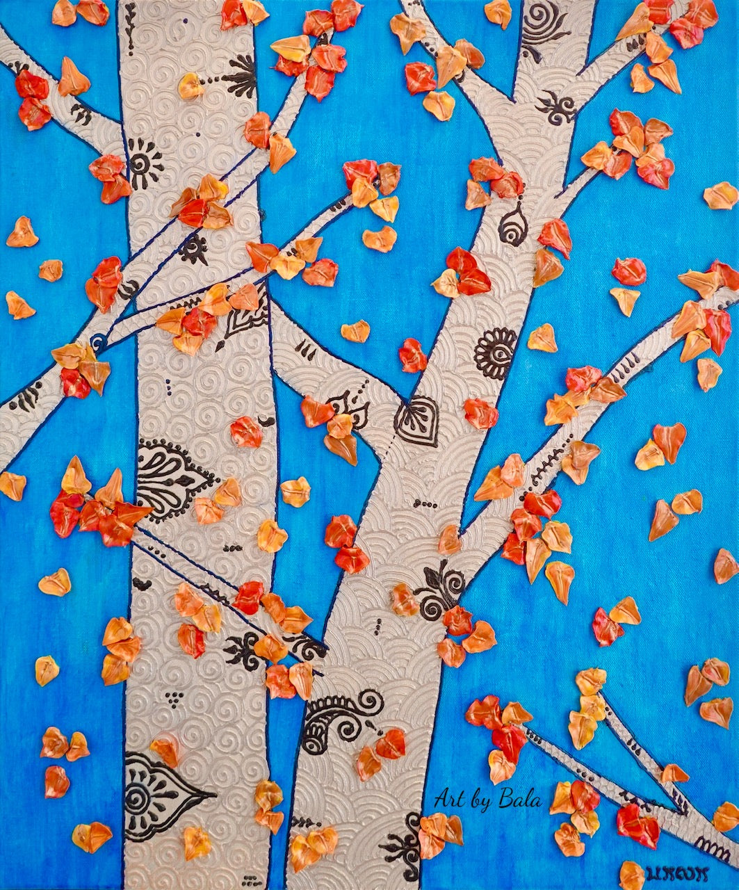 Afternoon Aspens original 20x24 3D textured landscape by Bala Thiagarajan, sculptural white aspen trees with iridescent gold leaves on a bright blue sky background, featuring hand-piped henna-style trunk details and heavy-body acrylic texture.