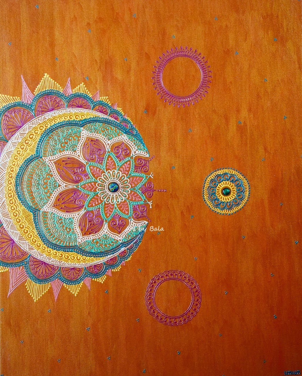24x30 original Expectation Mandala 3D textured painting by Bala Thiagarajan, featuring an asymmetrical off-center henna-style pattern with a dichroic glass focal point.