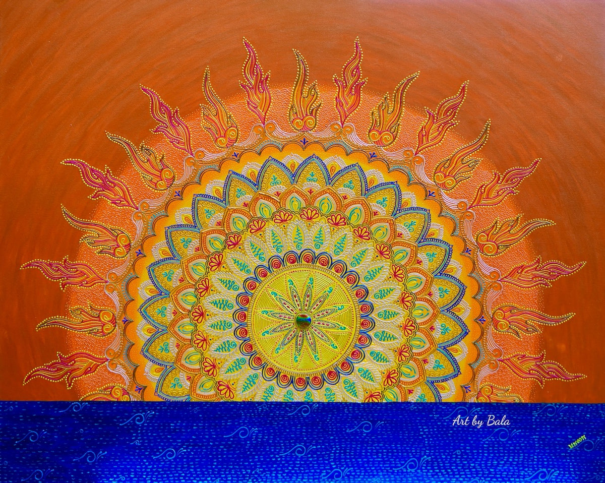 Morning Glow Sunrise Mandala Textured Acrylic Painting Art by Bala