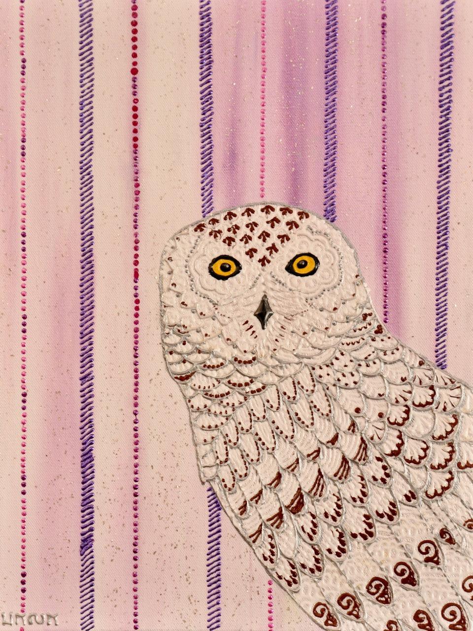 Snowy Owl original 12x16 3D textured bird painting by Bala Thiagarajan, sculptural pearlescent white and soft grey arctic owl with hand-piped iridescent feathers and henna-inspired detail on a deep profile canvas.