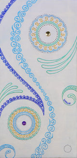 12x24 original Flow Mandala Blue 3D textured painting by Bala Thiagarajan, featuring iridescent blue hand-piped henna-style patterns with dichroic glass and mirrors in the center.