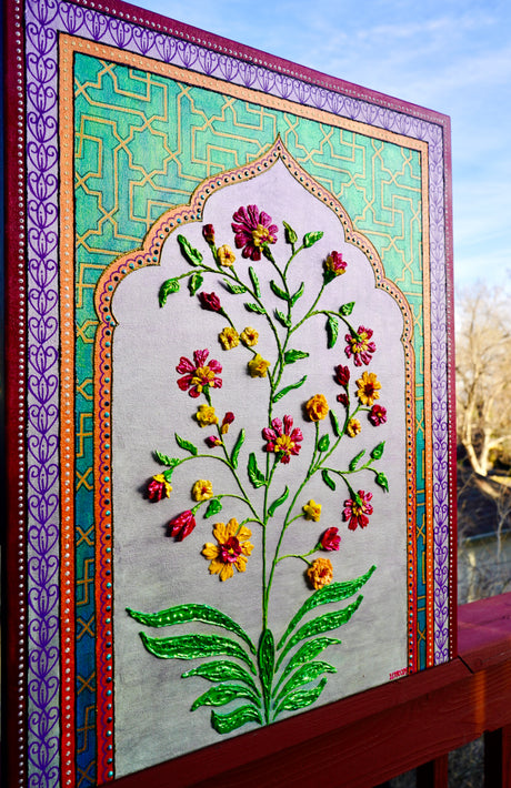 Mughal Bloom - red, yellow flowers in Mughal inspired arches and islamic geometric motifs - textured floral painting by Bala Thiagarajan, hand-piped acrylic on canvas with iridescent sculptural texture