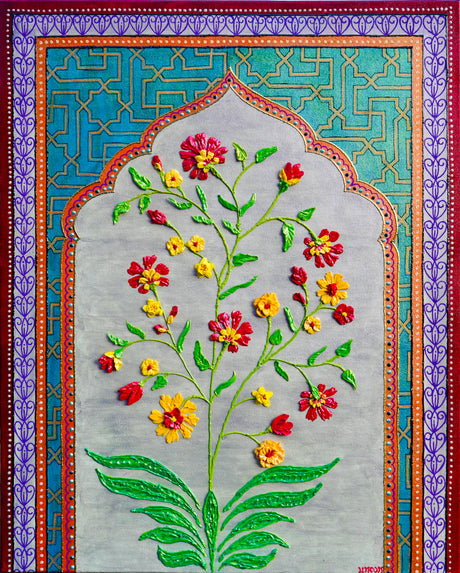 Mughal Bloom - red, yellow flowers in Mughal inspired arches and islamic geometric motifs - textured floral painting by Bala Thiagarajan, hand-piped acrylic on canvas with iridescent sculptural texture