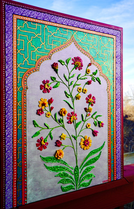 Mughal Bloom - red, yellow flowers in Mughal inspired arches and islamic geometric motifs - textured floral painting by Bala Thiagarajan, hand-piped acrylic on canvas with iridescent sculptural texture