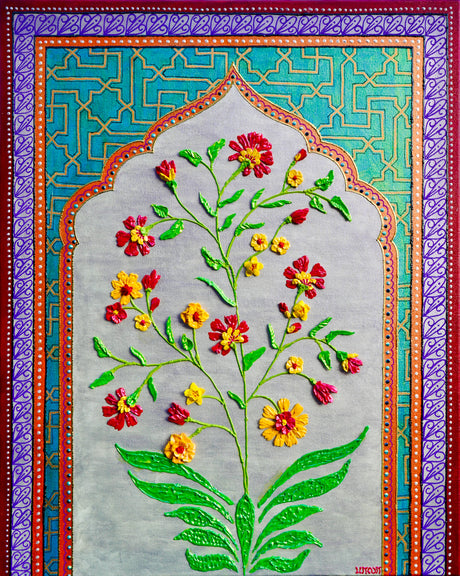 Mughal Bloom - red, yellow flowers in Mughal inspired arches and islamic geometric motifs - textured floral painting by Bala Thiagarajan, hand-piped acrylic on canvas with iridescent sculptural texture