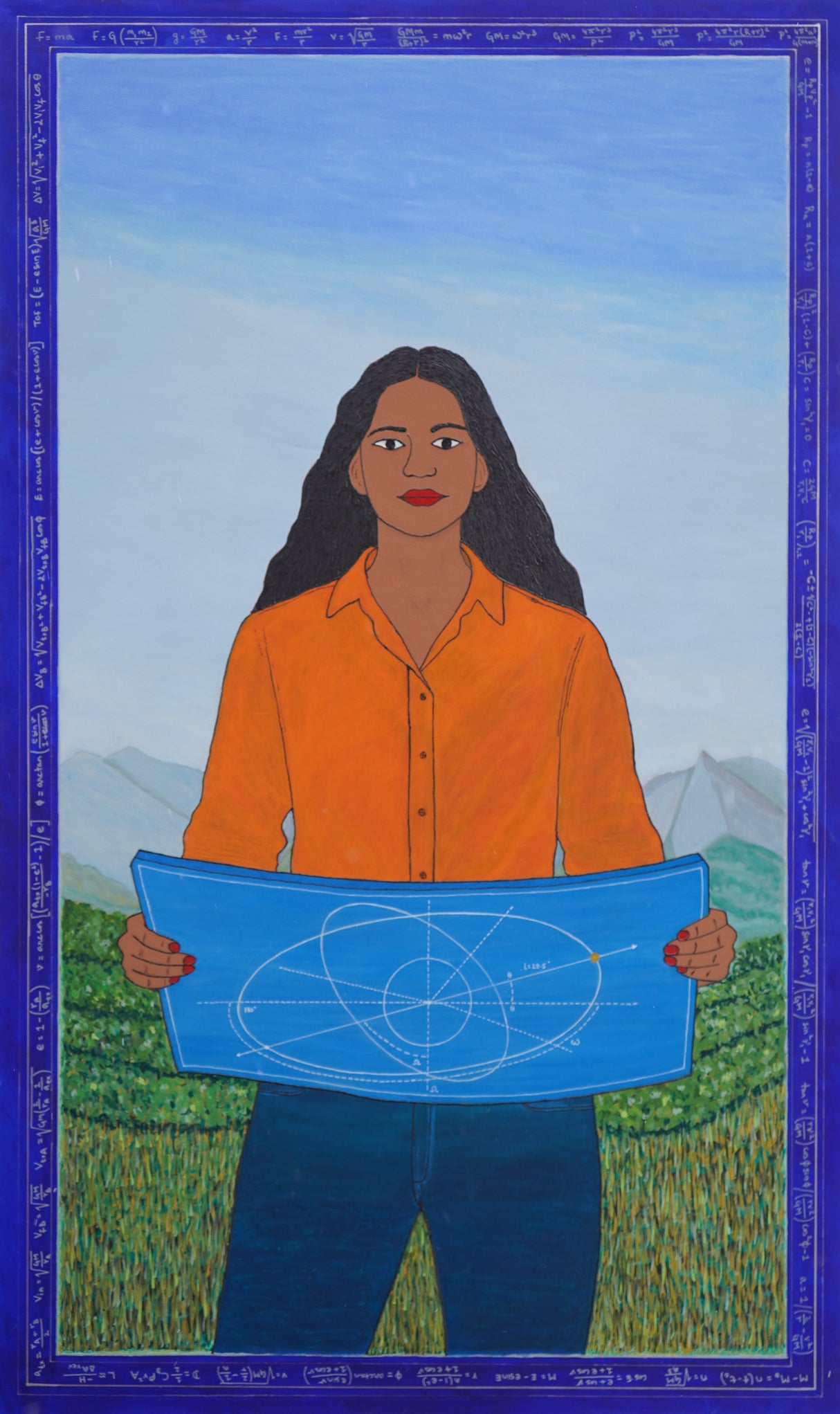 A painting of a woman holding an orbital trajectory blue print inspired by Kalpana Chawla set against a backdrop of the flatiron mountains