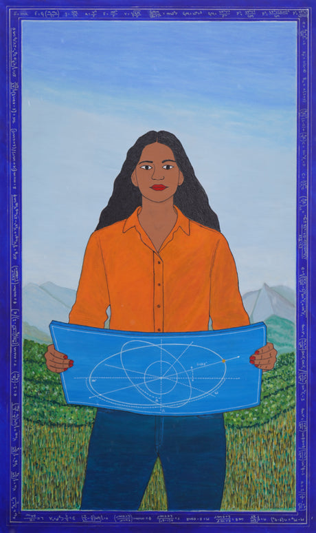 A painting of a woman holding an orbital trajectory blue print inspired by Kalpana Chawla set against a backdrop of the flatiron mountains