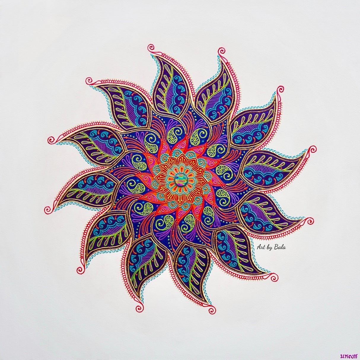 36x36 large original Visibility Mandala 3D textured painting by Bala Thiagarajan, featuring vibrant multi-colored hand-piped henna-style patterns and a dichroic glass center on a white background.