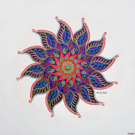 36x36 large original Visibility Mandala 3D textured painting by Bala Thiagarajan, featuring vibrant multi-colored hand-piped henna-style patterns and a dichroic glass center on a white background.