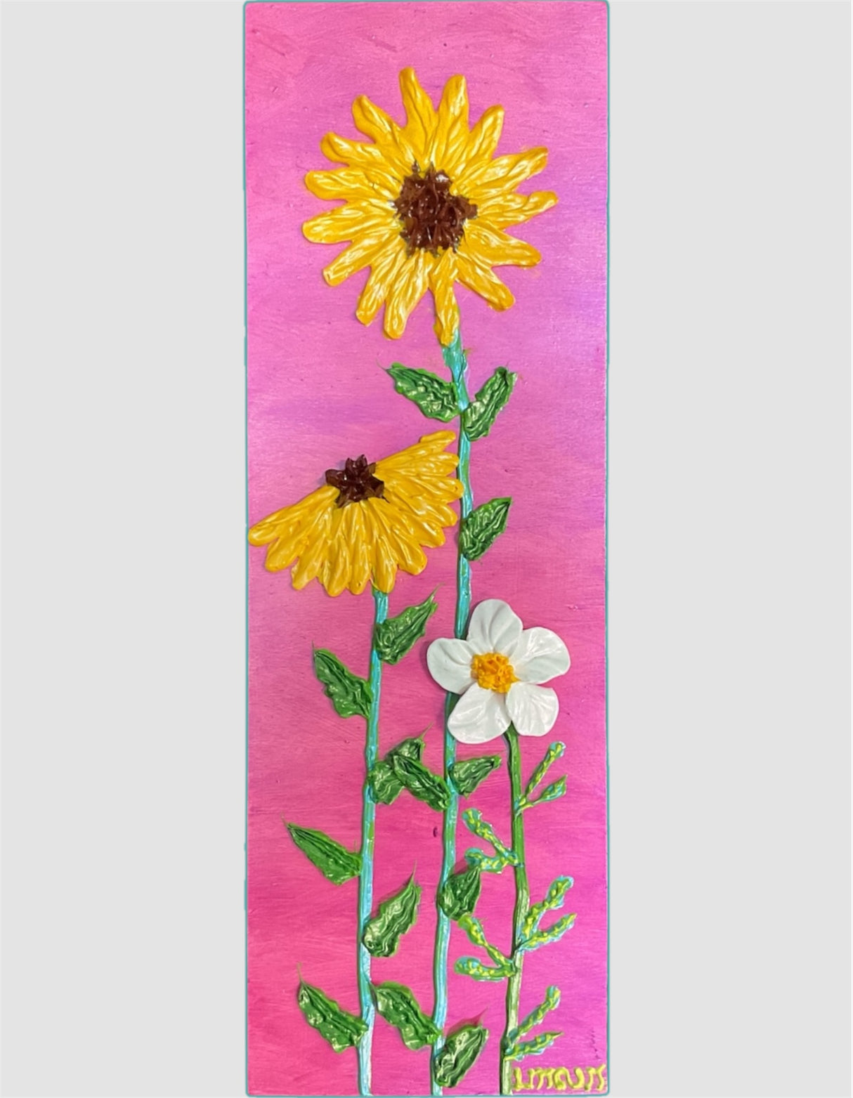 Black-eyed Susan and white flower on pink background textured floral painting by Bala Thiagarajan, hand-piped iridescent acrylic on wood panel with sculptural 3D detail