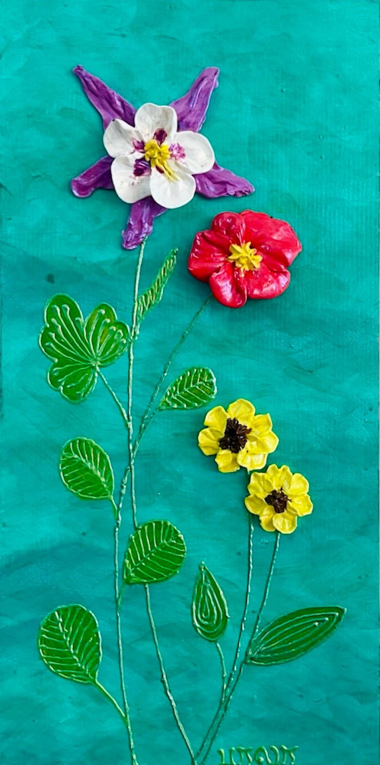 Columbine & red and yellow flowers on aqua green background textured floral painting by Bala Thiagarajan, hand-piped iridescent acrylic on wood panel with sculptural 3D detail