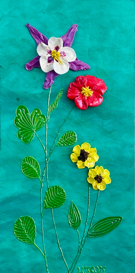 Columbine & red and yellow flowers on aqua green background textured floral painting by Bala Thiagarajan, hand-piped iridescent acrylic on wood panel with sculptural 3D detail