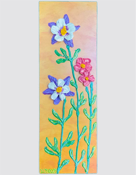 Columbines & pink flowers on golden yellow textured floral painting by Bala Thiagarajan, hand-piped iridescent acrylic on wood panel with sculptural 3D detail