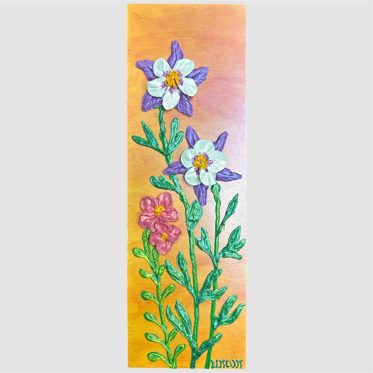 Columbines & pink flowers on golden yellow textured floral painting by Bala Thiagarajan, hand-piped iridescent acrylic on wood panel with sculptural 3D detail