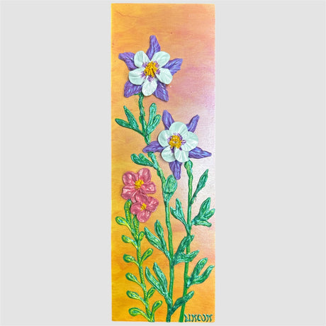 Columbines & pink flowers on golden yellow textured floral painting by Bala Thiagarajan, hand-piped iridescent acrylic on wood panel with sculptural 3D detail