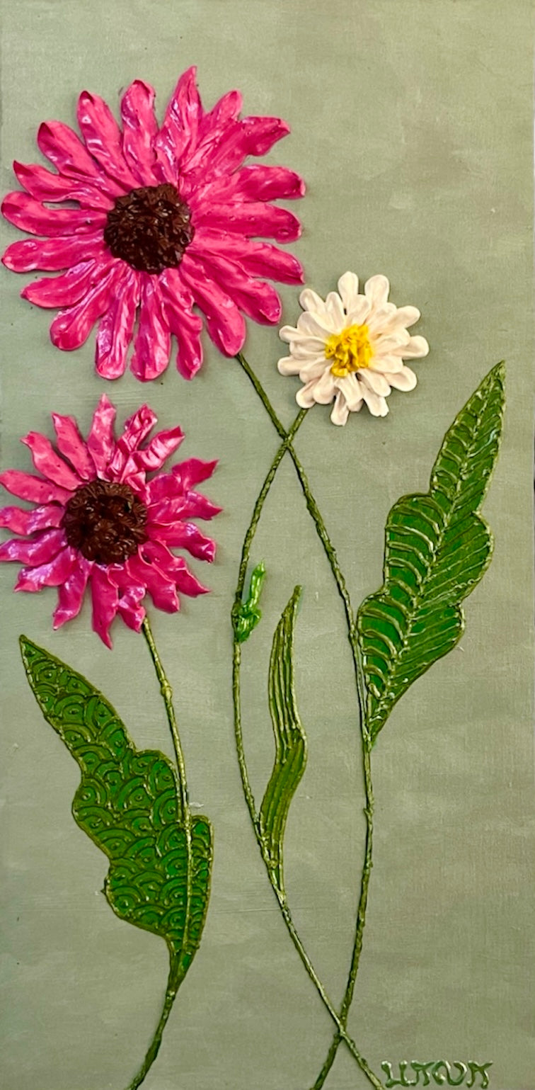 white, pink coneflowers on green background textured floral painting by Bala Thiagarajan, hand-piped acrylic on wood panel with iridescent sculptural texture