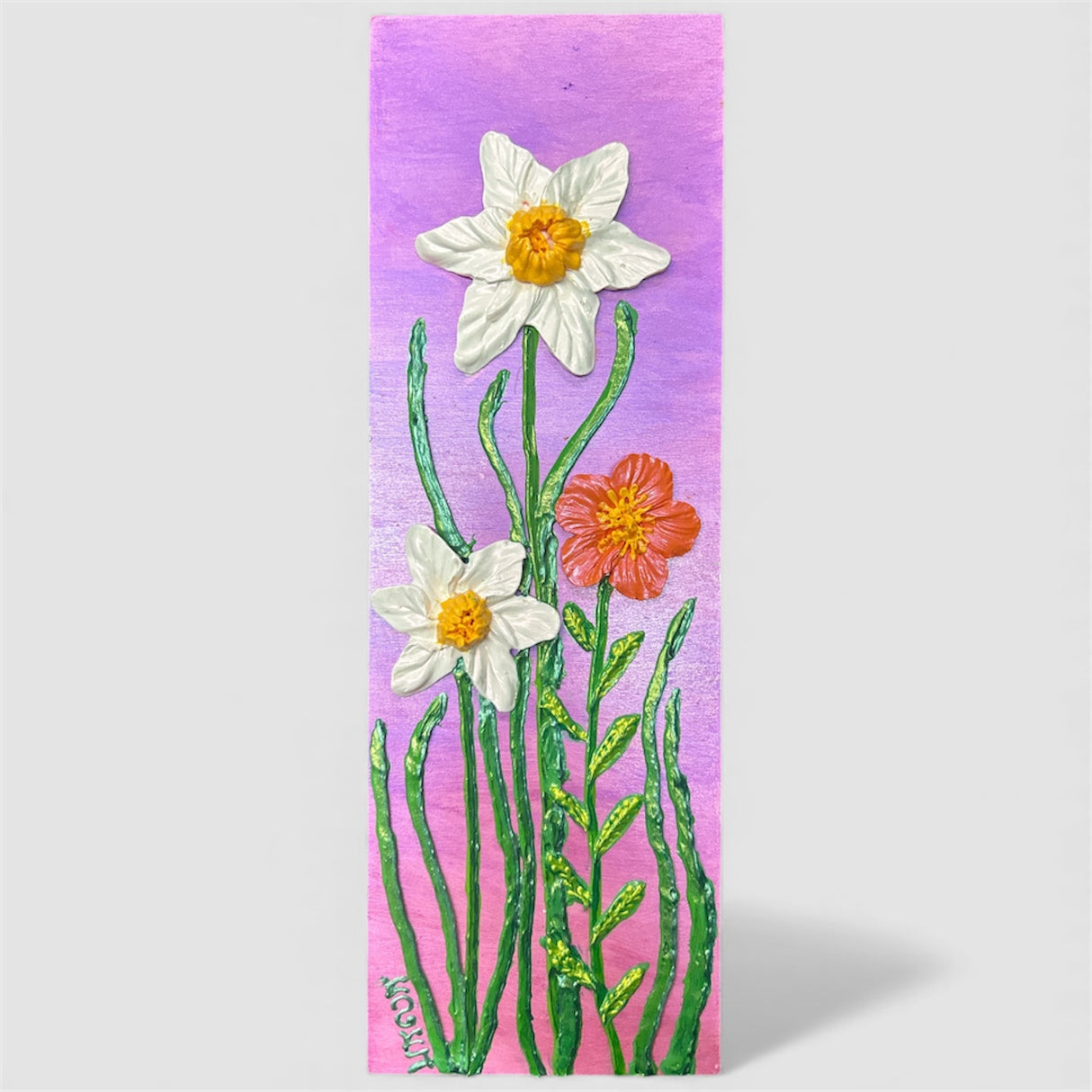 white daffodils, orange flower on violet background textured floral painting by Bala Thiagarajan, hand-piped iridescent acrylic on wood panel with sculptural 3D detail
