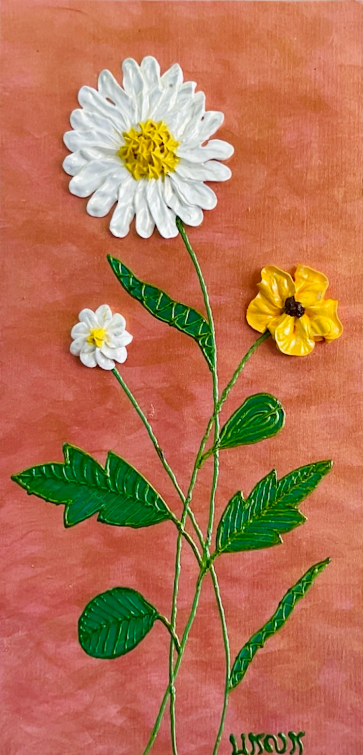 Daisies white, yellow flowers on orange background textured floral painting by Bala Thiagarajan, hand-piped acrylic on wood panel with iridescent sculptural texture