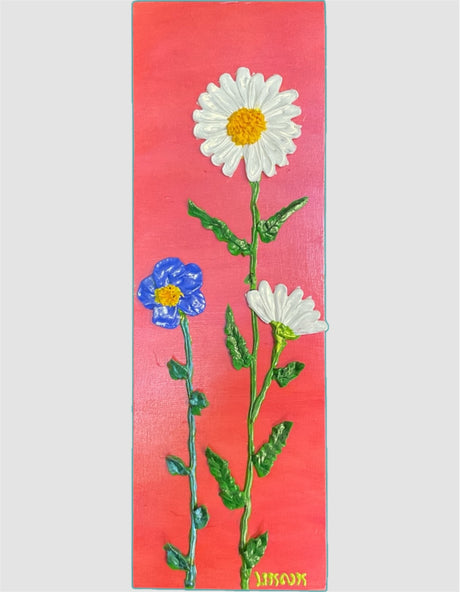 white daisies and blue flowers on pink background textured floral painting by Bala Thiagarajan, hand-piped iridescent acrylic on wood panel with sculptural 3D detail