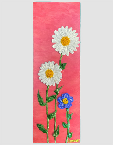 white daisies and blue flowers on pink background textured floral painting by Bala Thiagarajan, hand-piped iridescent acrylic on wood panel with sculptural 3D detail