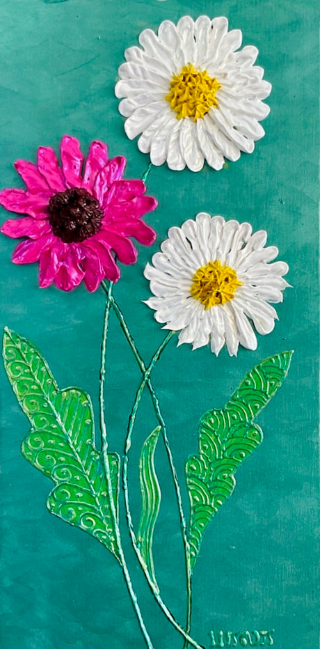 Daisies white, pink coneflowers on blue green background textured floral painting by Bala Thiagarajan, hand-piped acrylic on wood panel with iridescent sculptural texture