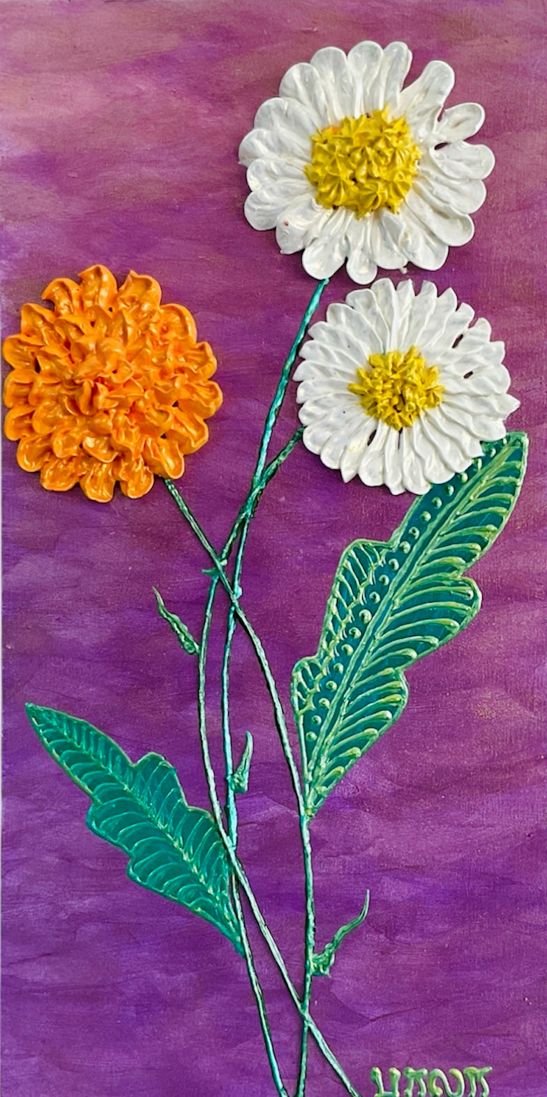 Daisies white, yellow marigold flowers on purple background textured floral painting by Bala Thiagarajan, hand-piped acrylic on wood panel with iridescent sculptural texture