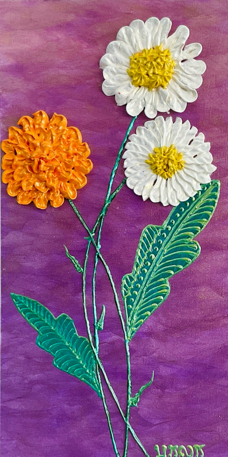 Daisies white, yellow marigold flowers on purple background textured floral painting by Bala Thiagarajan, hand-piped acrylic on wood panel with iridescent sculptural texture