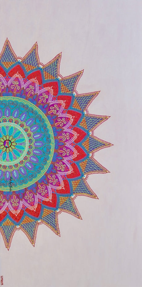 24x48 large original Embrace Mandala 3D textured painting by Bala Thiagarajan, featuring color-shifting iridescent henna-style patterns and a dichroic glass center on a pearlescent background.