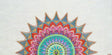 24x48 large original Embrace Mandala 3D textured painting by Bala Thiagarajan, featuring color-shifting iridescent henna-style patterns and a dichroic glass center on a pearlescent background.