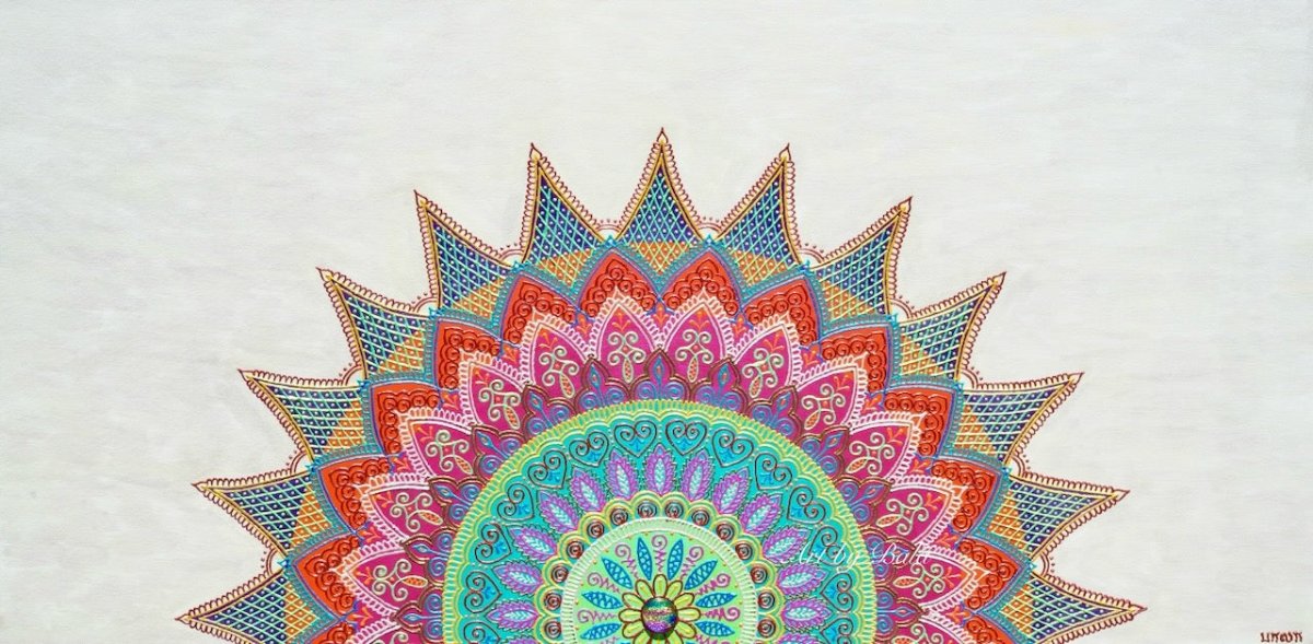 24x48 large original Embrace Mandala 3D textured painting by Bala Thiagarajan, featuring color-shifting iridescent henna-style patterns and a dichroic glass center on a pearlescent background.