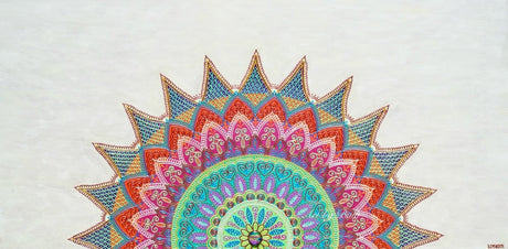 24x48 large original Embrace Mandala 3D textured painting by Bala Thiagarajan, featuring color-shifting iridescent henna-style patterns and a dichroic glass center on a pearlescent background.